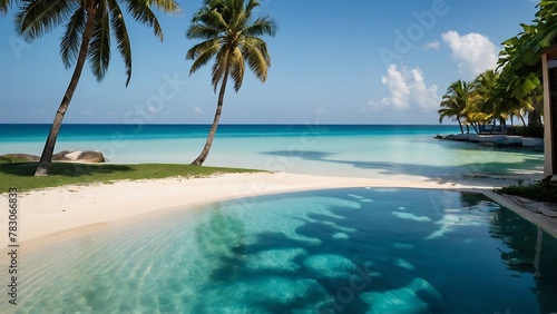 Tropical beach with palm trees and white sand at Maldives. Ocean view © ASGraphicsB24