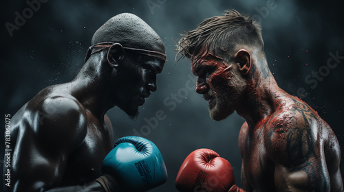 Two professional boxer boxing on color powder background, photo