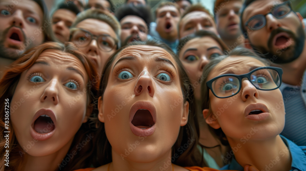 Obraz premium A group of people are staring at something. Concept of surprise and excitement, as if the group is witnessing something unexpected. candid group portrait of surprised people looking towards the center