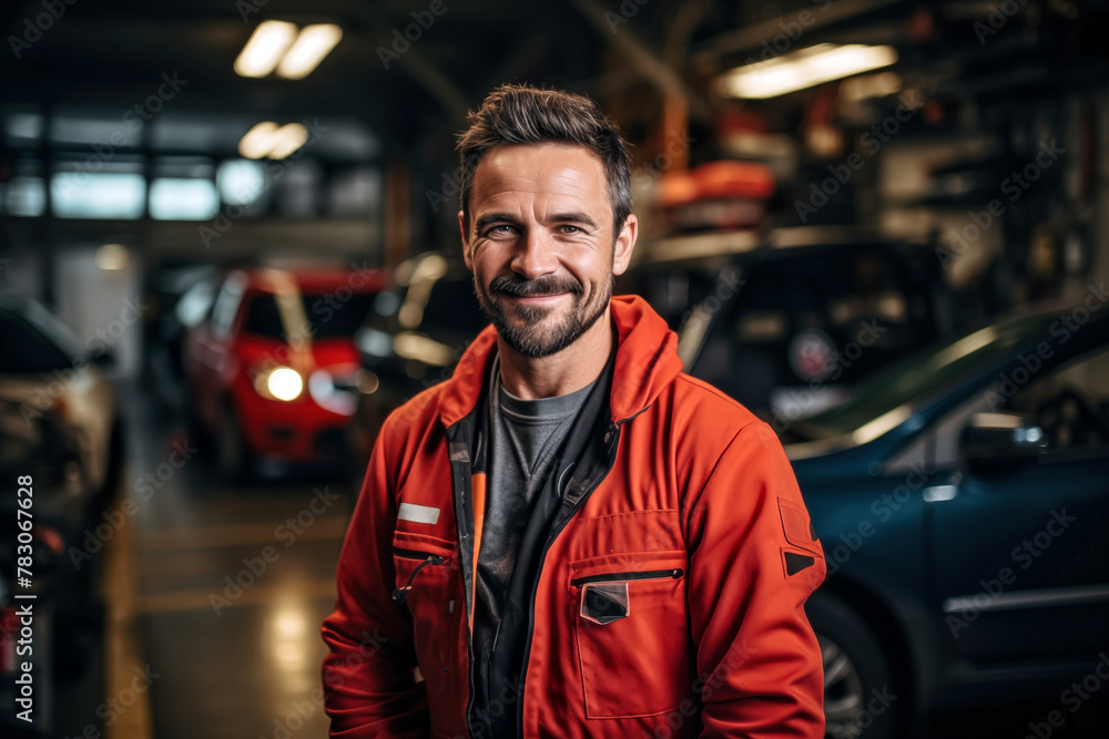 .portrait of a smiling car mechanic in car workshop in woking clothes, bokeh background .portrait of a smiling car mechanic in car workshop in woking clothes, bokeh background