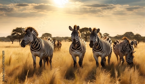 African landscape with acacia trees  zebras and blue sky