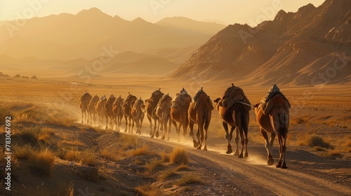 In the waning light of day, a caravan of camels and their guides make their way through the desert, a scene of quiet beauty and ancient tradition. photo