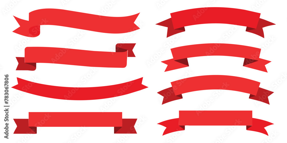 Ribbon, banner or tag vector art set. Flat red color.

