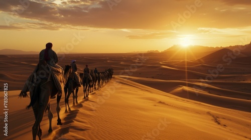 In the waning light of day  a caravan of camels and their guides make their way through the desert  a scene of quiet beauty and ancient tradition.