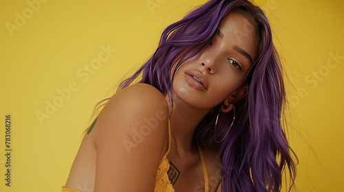captivating studio portrait with bold purple hair contrasting soft yellow background photo