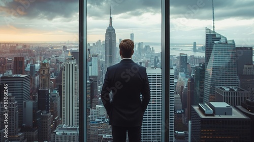 Businessman standing in front of window overlooking cityscape, contemplating future success and opportunities in urban environment