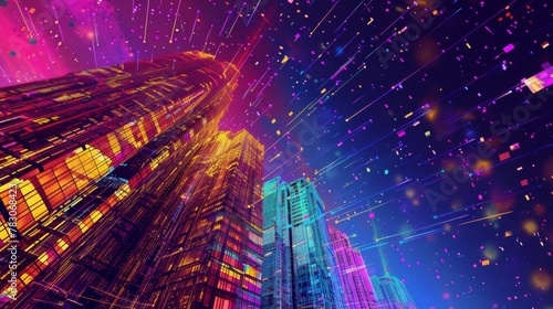 A building filled with futuristic technology. In the background are colorful stars streaking across the night sky