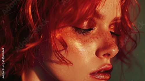 dramatic studio lighting on person with bold red hair vivid eye shadow