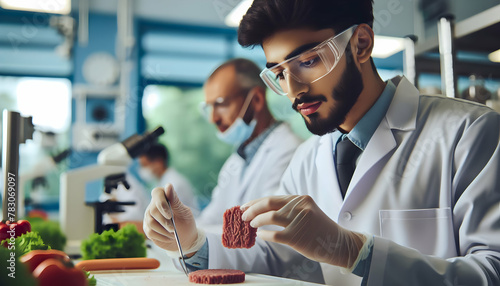 Experienced food scientist working on a plant-based meat alternative in a dynamic culinary lab environment photo