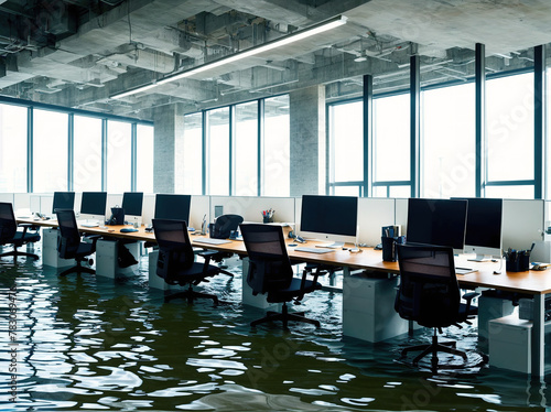 A flooded office with several desks and chairs in the middle of the room.