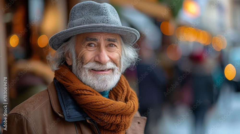 A man with a hat and scarf is smiling. He looks happy and content. The image has a warm and friendly mood. an old man, casual but elegant look. He is looking at the camera and smiling. Fresh look. A man with a hat and scarf is smiling. He looks happy and content. The image has a warm and friendly mood. an old man, casual but elegant look. He is looking at the camera and smiling. Fresh look.