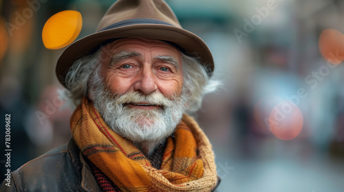 A man with a hat and scarf is smiling. He looks happy and content. The image has a warm and friendly mood. an old man  casual but elegant look. He is looking at the camera and smiling. Fresh look.