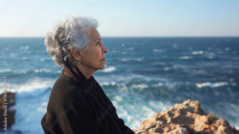 Fototapeta premium Senior lady peacefully admiring the expansive ocean view from the serene sandy coastline