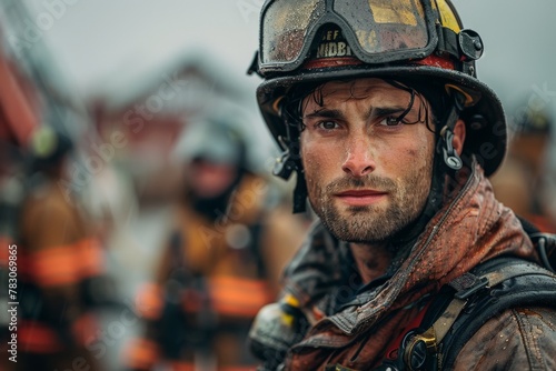 A heroic firefighter with a smudged helmet and face, staring intently at the camera © Nena Ai