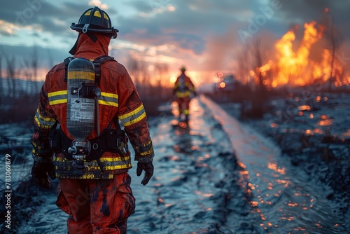 A firefighter fully geared confronts a raging wildfire, embodying bravery, emergency response, and the fight against natural disasters photo
