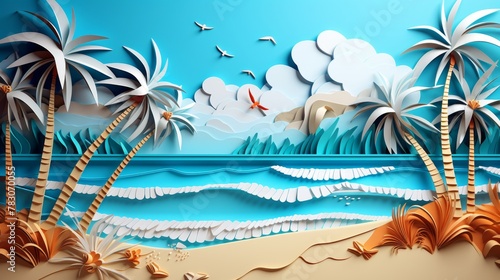 Vibrant 3d paper cut summer beach collage craft illustration with trendy handmade details