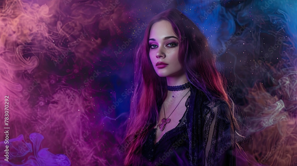 mystical aura portrait with dark velvet cloak studio background