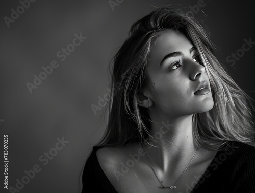 monochromatic theme portrait charcoal grey attire and background studio lighting