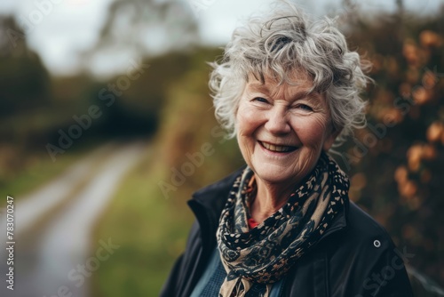 Portrait of a smiling senior woman on the background of autumn nature