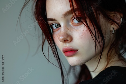 portrait of model with polished onyx hair garnet red cheek tint