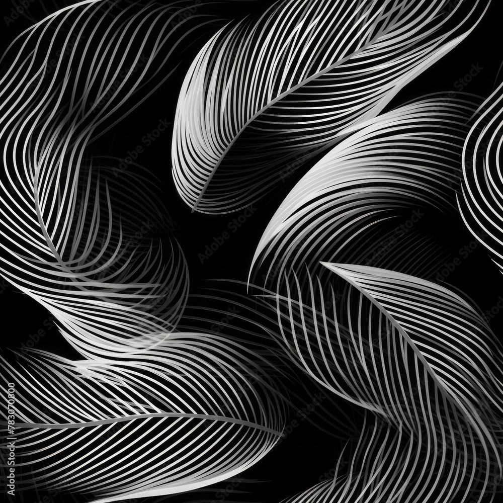 a seamless pattern, abstract leaves MADE OF MULTIPLE direction chalk LINES, curvilinear shapes, monochrome