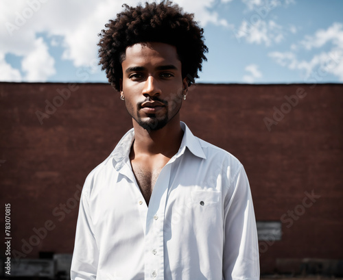 A young man standing in front of a brick wall.