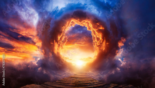 Abstract portal to mystic dark clouds at sunset. Magic teleport. Way to heaven. 3D rendering. © hardvicore