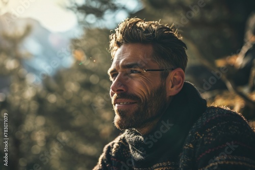 Portrait of a handsome bearded man with glasses and a warm sweater in the forest.