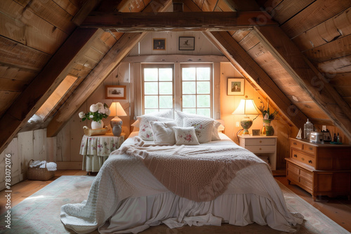 A cozy attic loft transformed into a charming guest bedroom with sloped ceilings. photo