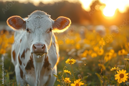 Curious Cow Amidst Sunset Blooms. Concept Nature Photography, Sunset Silhouettes, Animal Portrait,