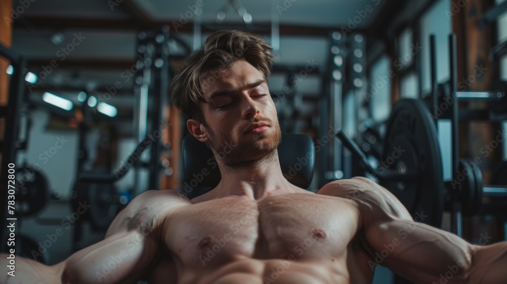 Fototapeta premium A man is doing a chest press in a gym