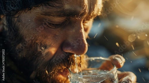 A man with a beard drinking water from a glass