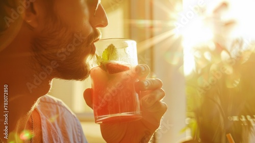 A man is drinking a glass of watermelon