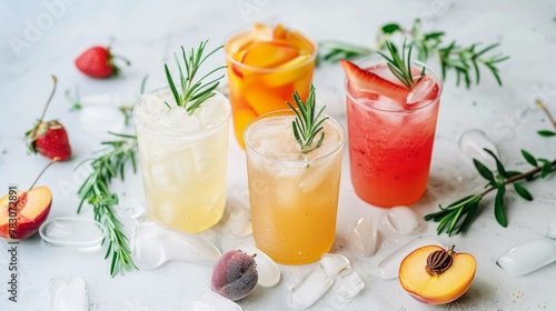 A group of four glasses filled with different types of drinks