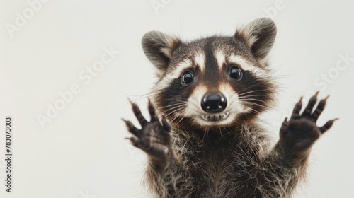  raccoon in a moment of surprise, showcasing its emotions vividly against a clean, white background.