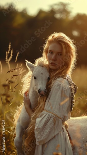 A woman holding a white horse in a field
