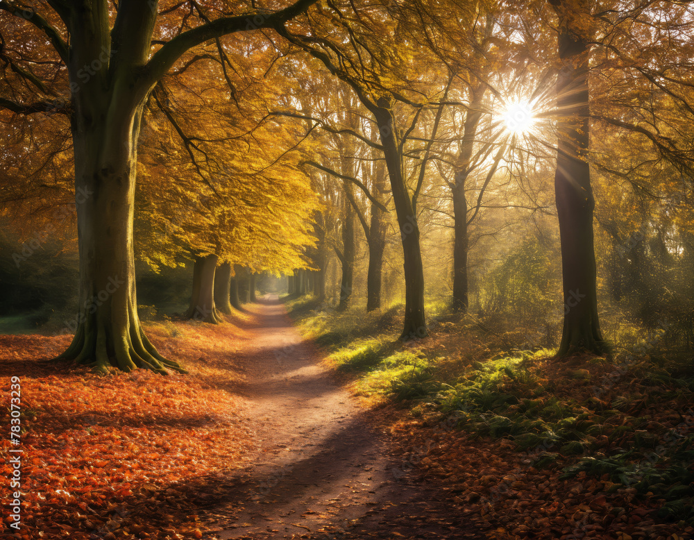 Fototapeta premium Golden Autumn Trees Arching Over a Peaceful Path