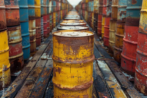 A long line of colorful industrial barrels, hinting at the themes of mass production and waste photo