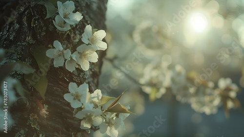 a spring postcard with an image of a cherry tree blooming with white flowers against a sunset background, with branches in focus on the side, the concept of a spring screensaver for a phone © Irina