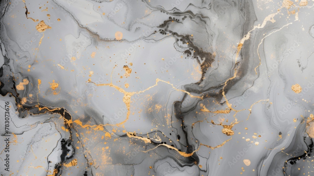 Soft grey marble with a network of gold and pearl veins, offering a serene view with a detailed texture. 