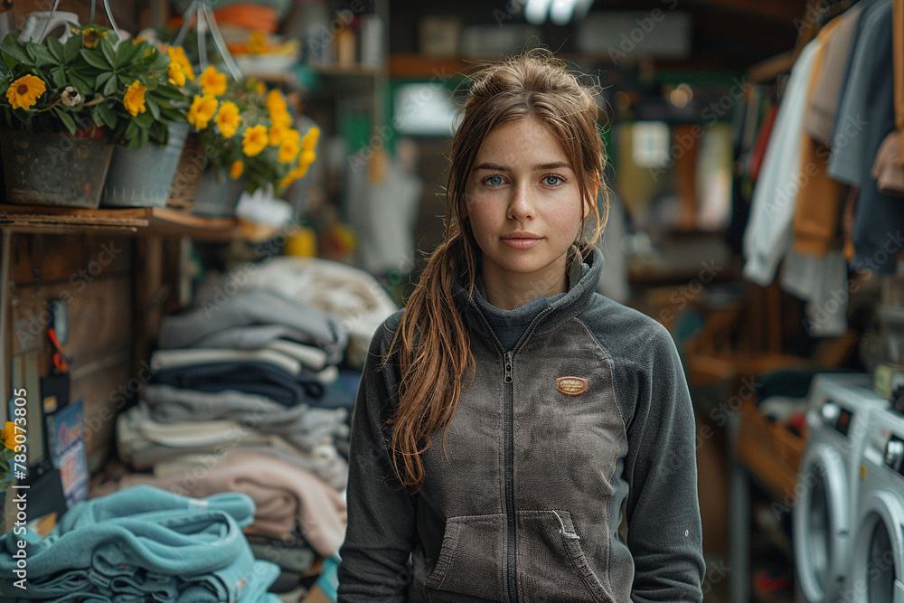 Fototapeta premium Introspective Woman, A thoughtful young woman in a casual setting, offering a human touch to everyday scenes.