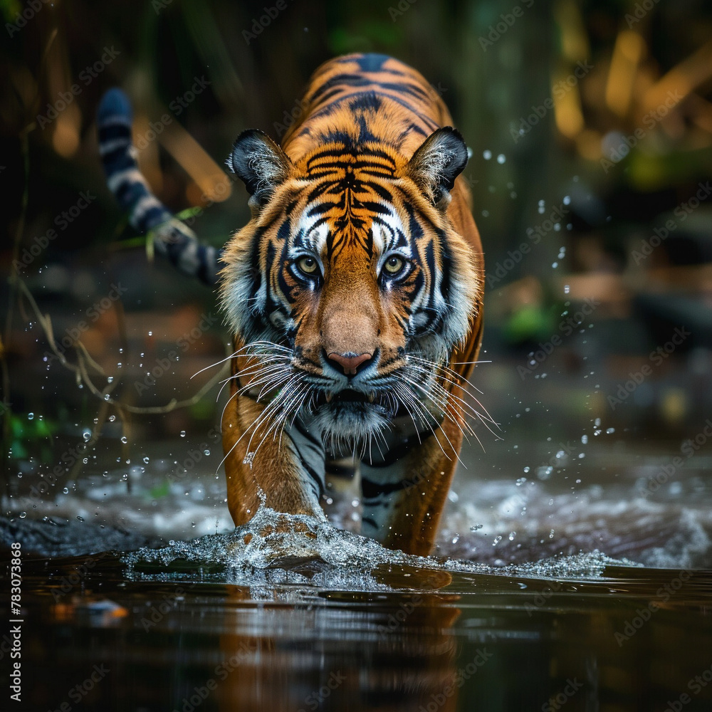 Stealthy Jungle Predator, A powerful tiger wading through water in the jungle, eyes locked on its prey with fierce focus.