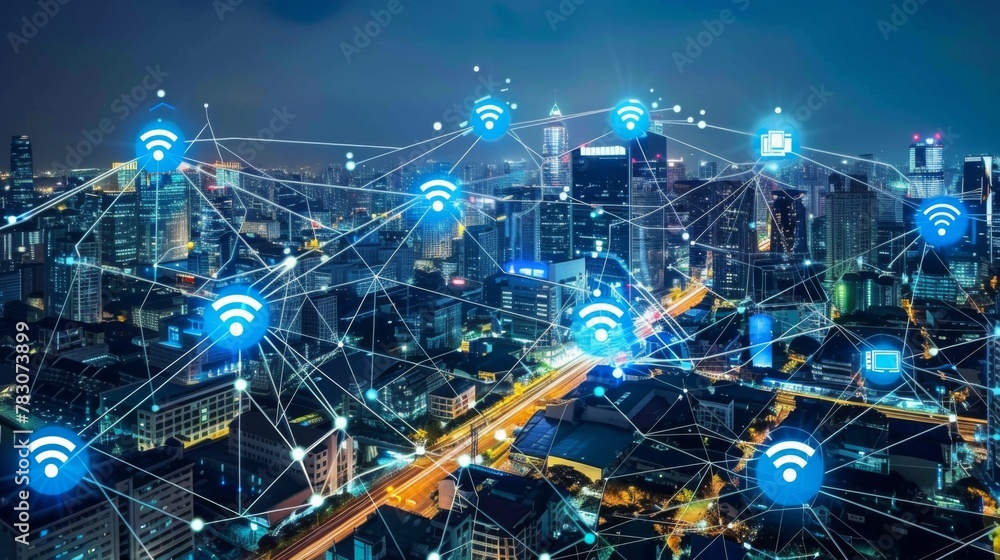Fototapeta premium Illuminated Cityscape With Interconnected Wi-Fi Network