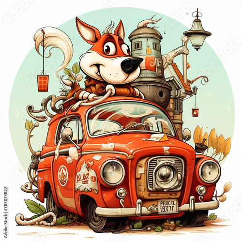 Whimsical Vehicle Art, Artistic illustration of a whimsical fox in a vintage car, packed with charm and adventurous spirit.