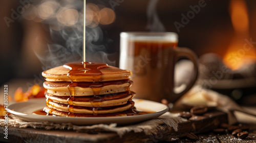 Cozy Breakfast Delight, Warm stack of pancakes drizzled with syrup, accompanied by a steaming mug of coffee. photo