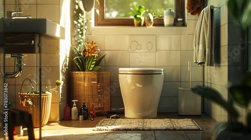 Serene Bathroom Oasis  Sunlit bathroom with green plants and a modern toilet  showcasing a relaxing  clean atmosphere.