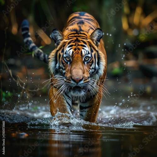 Stealthy Jungle Predator  A powerful tiger wading through water in the jungle  eyes locked on its prey with fierce focus.