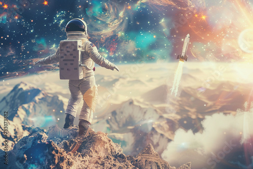 Cosmic Adventure, Astronaut standing on a mountain, watching a space shuttle. photo