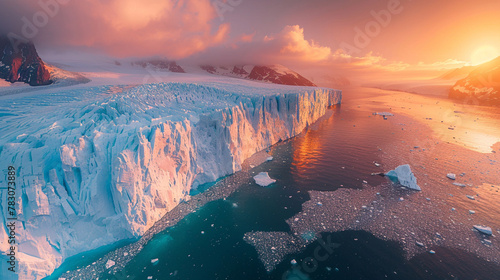 Glacial Majesty, Sunset illuminating an ice shelf with a warm, soft glow. photo