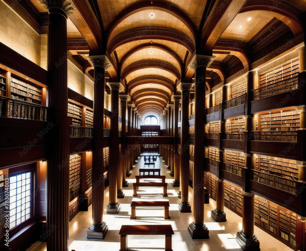 A large, empty library with high ceilings, wooden bookshelves, and marble floors.